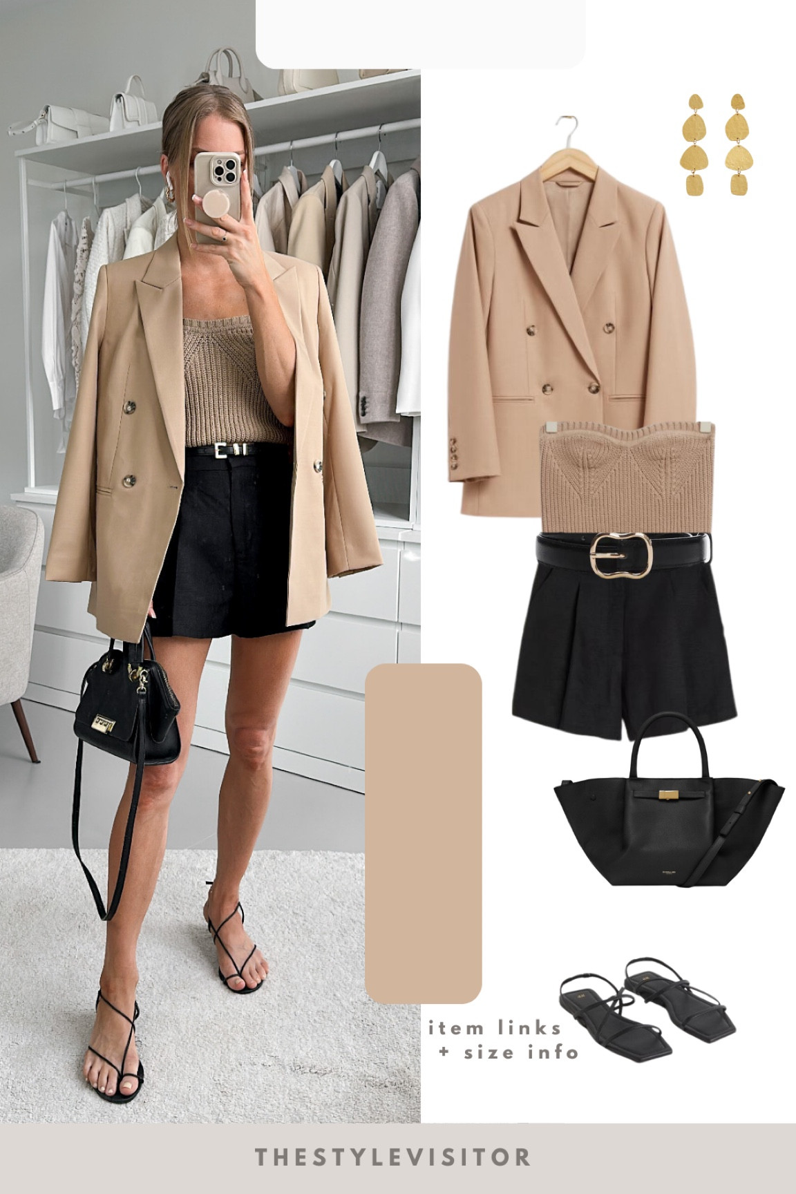 10 days of summer outfits - day 1 - a laid back hot summer look. Exchange the strappy sandals for ballerina’s and you can head to work. Wearing size 34 in shorts (size up if between sizes runs small), xs in top (tts) and size 34 in blazer. I’d say the blazer is quite oversized I’m normally 36. Read the size guide/size reviews to pick the right size.

Leave a 🖤 to favorite this post and come back later to shop

Bermuda shorts, black shorts, crop top, bandeau top, camel blazer, double breasted blazer, belt, black belt, waist belt, strappy sandals, strappy heels, black sandals, black bag, top handle bag, workwear, work outfit, summer outfit

#LTKworkwear #LTKstyletip #LTKSeasonal