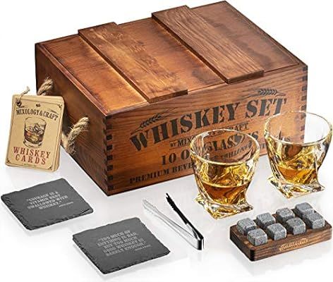 Whiskey Stones Gift Set for Men | Whiskey Glass and Stones Set with Rustic Wooden Crate, 8 Granit... | Amazon (US)