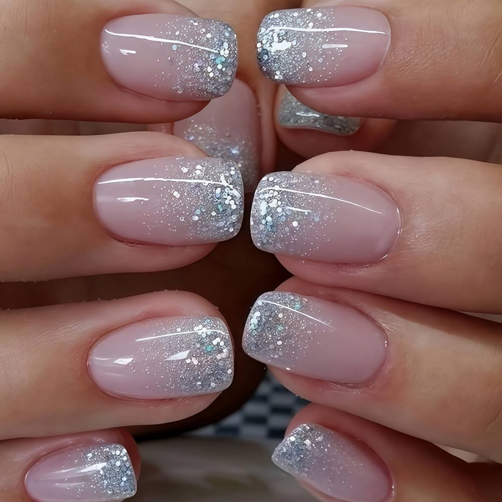 Glitter French Tips Press on Nails Short Square Silver Glitter Designs Full Cover Glossy Reusable... | Amazon (US)