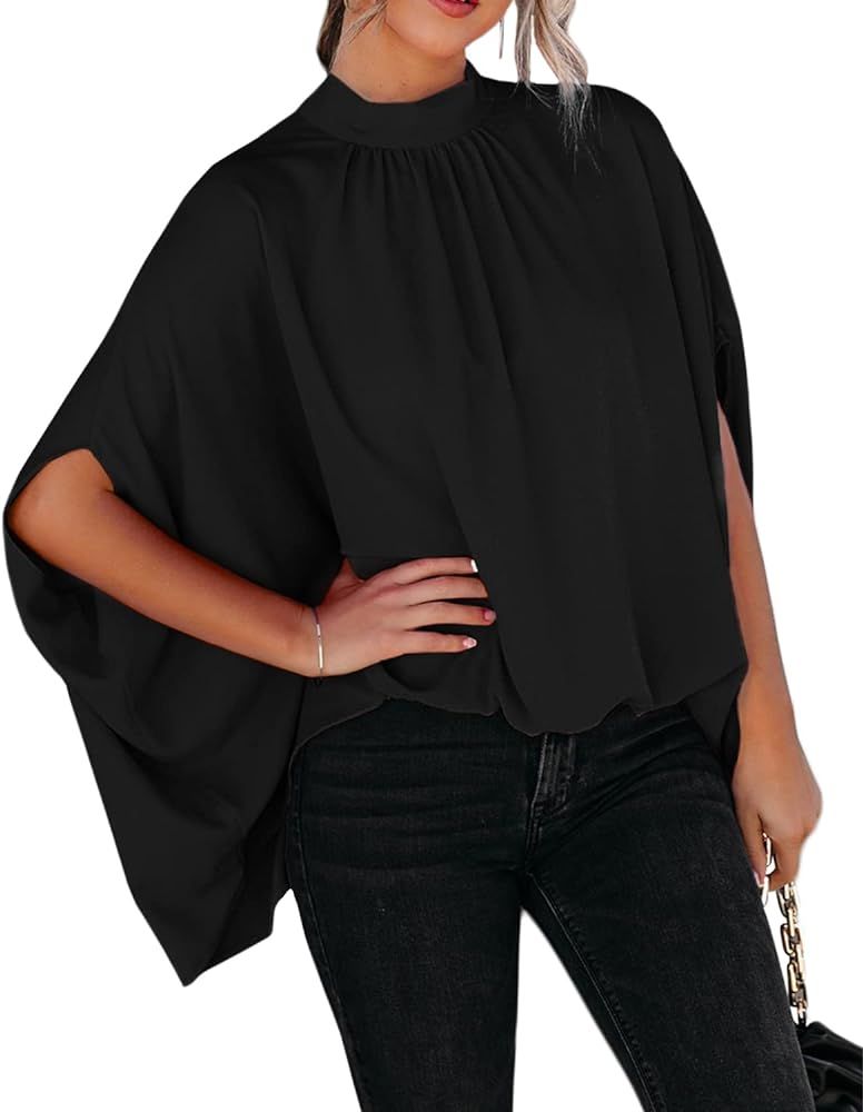 FSHAOES Women's Summer Oversize Blouses Mock Neck Pleated Batwing Sleeve Drape Tunic Dressy Cape ... | Amazon (US)