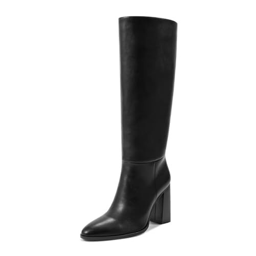 wetkiss Black Boots for Women Knee High Boots Women Chunky Heel Wide Calf Tall Boots Pull On Block Heeled Boots for Women High Heel Pu Leather Boots Size 7.5 | Amazon (US)