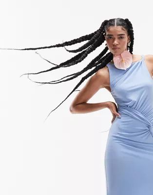 ASOS DESIGN twisted high neck mesh midi dress in pale blue | ASOS (Global)