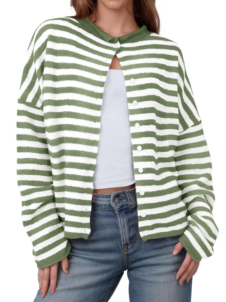 Saodimallsu Womens Striped Cardigan Casual Long Sleeve Open Front Button Down Loose Knit Lightwei... | Amazon (US)
