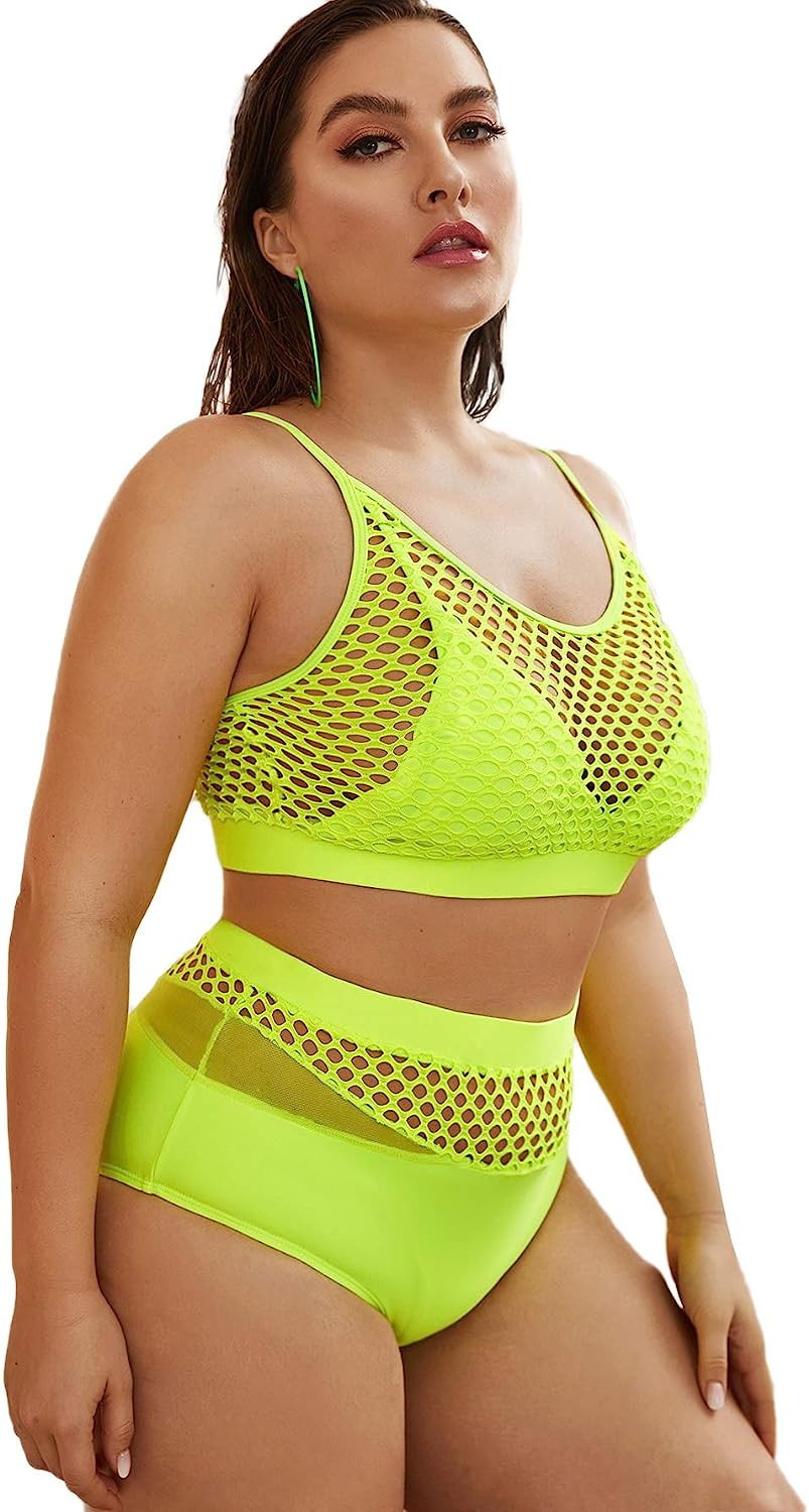 Floerns Women's Plus Size Splice Fishnet Cami Top and High Waist Bikini Set | Amazon (US)
