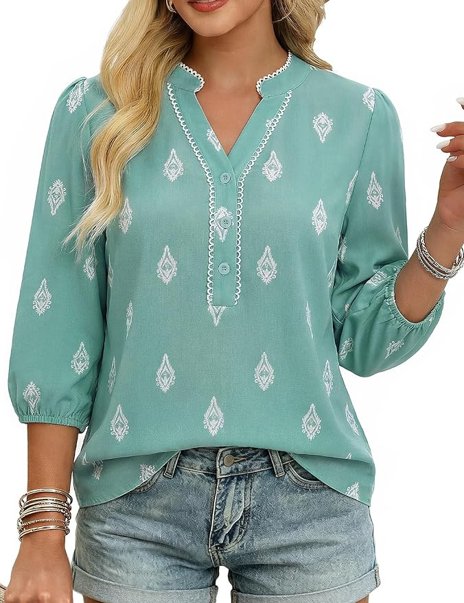 GRACE KARIN Boho Tops for Women Summer, Dressy Casual Floral Blouses, V Neck Button Up 3/4 Sleeve... | Amazon (US)