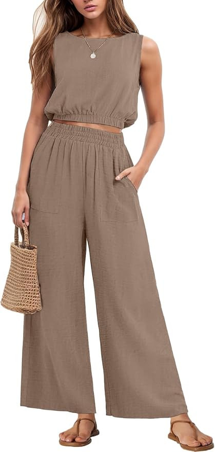 GRECERELLE Two Piece Sets for Women Sleeveless Crop Top Wide Leg Pants Sweat Set for Women Tracks... | Amazon (US)