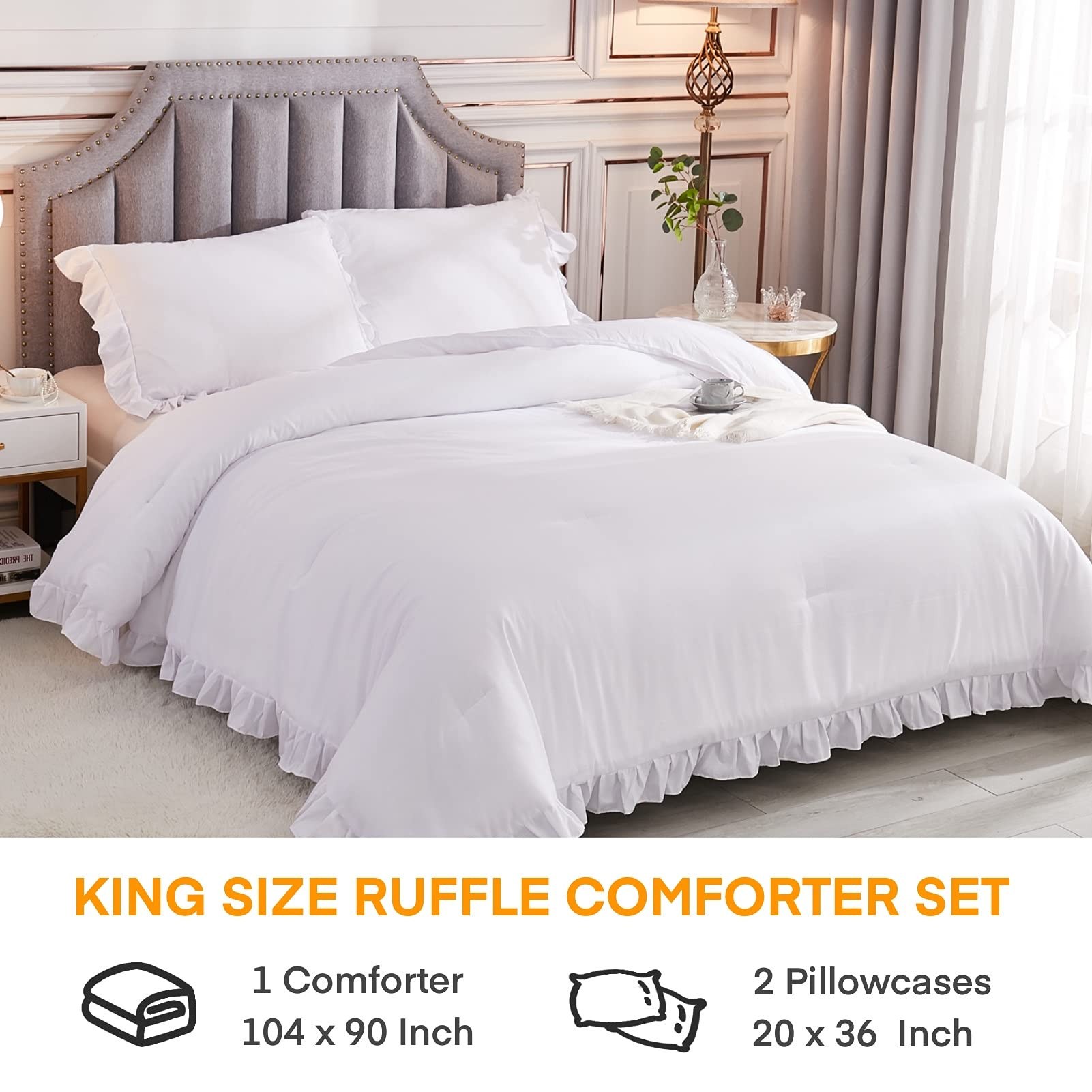 Andency White King Size Comforter Set, 3 Pieces Solid Farmhouse Shabby Chic Bedding Comforters & ... | Amazon (US)