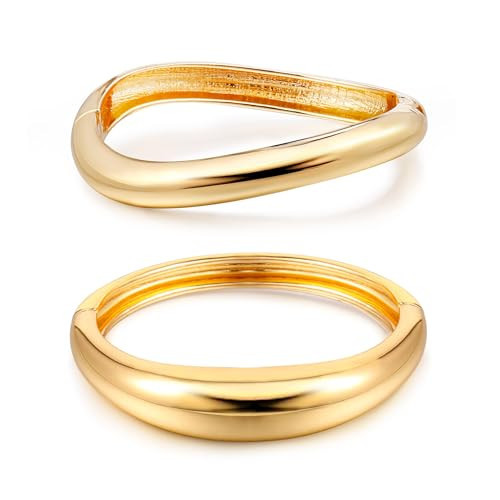 Elegance 11 designs Gold Cuff Bangle Bracelets For Women Set Chunky Trendy Gold Bracelet Minimalist Hinged Arm Cuff Jewelry Gift 2pcs (Gold Round + Irregular) | Amazon (US)