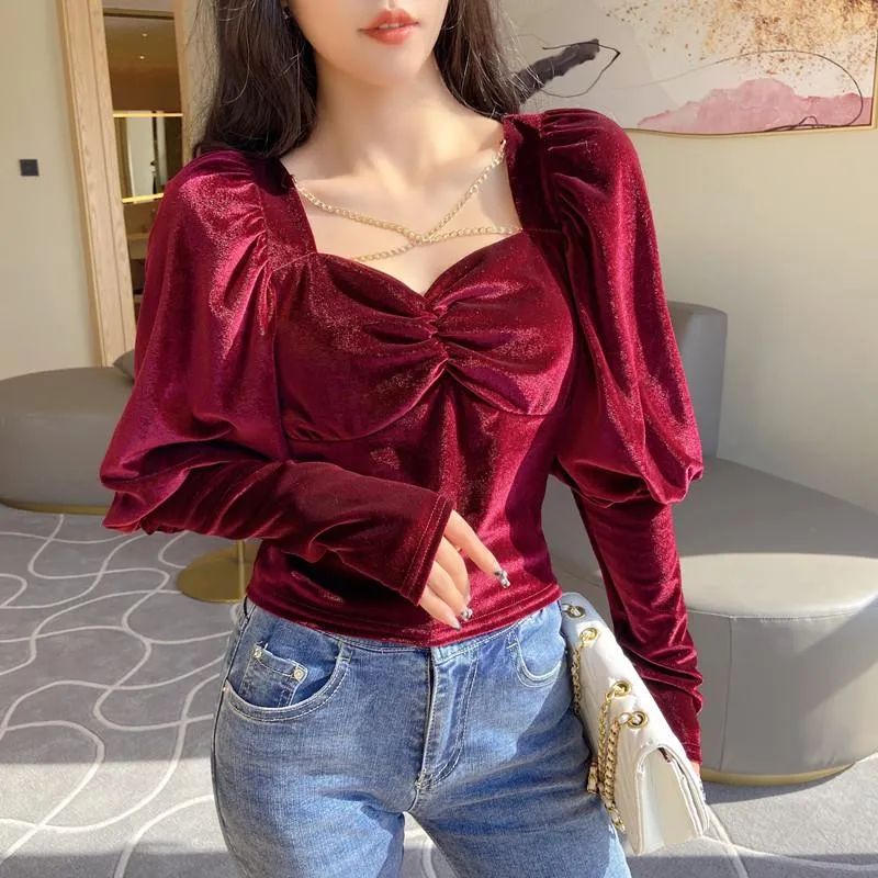 Fall Vintage Long Sleeve Blouse Women Velvet Crop Top Female Puff Sleeve Square Collar Chains Cri... | DHGate
