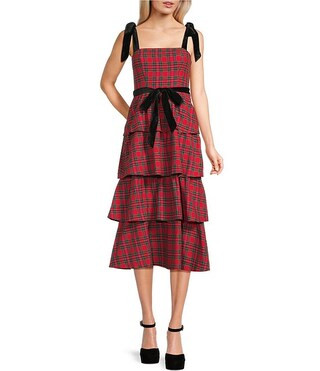 City Vibe Plaid Velvet Tie Shoulder & Sash Tiered Midi Dress | Dillard's | Dillard's