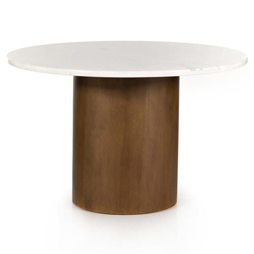 Winslow Rustic White Marble Top Brown Wood Round Pedestal Dining Table - 48"W | Kathy Kuo Home