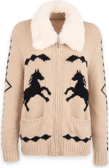 SAACHI Horse Motif Cardigan with Faux Fur Collar | Nordstromrack | Nordstrom Rack