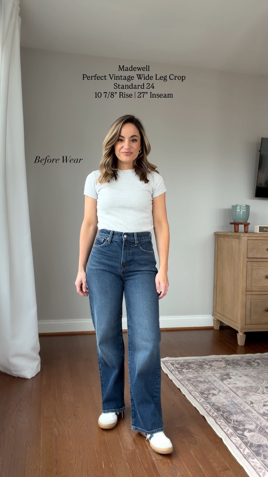 Continuing to enhance my denim reviews with wear tests! Here is a wear test of the Perfect Vintage Wide Leg Crop jeans from Madewell in the standard length. 

They have a 10 7/8 rise and a 27” inseam in standard. I’ll also have a petite review coming your way. 

This pair started out a little roomy on me so I noted loosening mostly at the thighs. The jeans held at my hips and didn’t lose shape. Although they’re a little roomy it’s not enough to size down. 

Jeans (Madewell): petite 24 in midnight waters 
Top (Madewell): xxs 
Sweatshirt (AE): xxs  

#LTKPetite