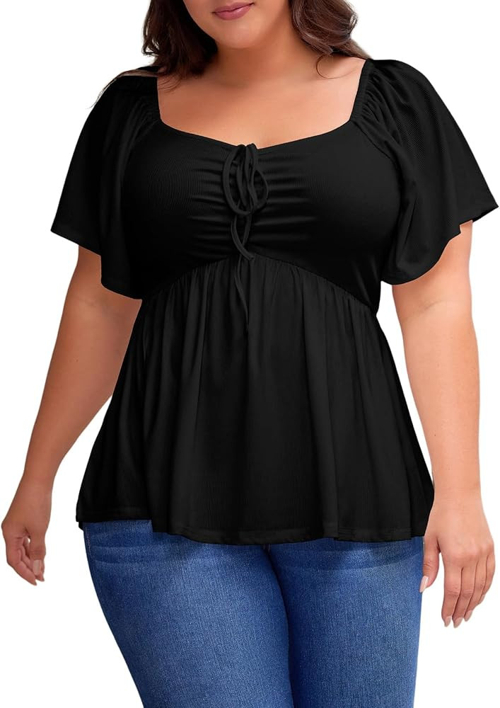 Eytino Womens Plus Size Tops Short Sleeve Sweetheart Neck Shirred Peplum Blouse Shirts(1X-5X) | Amazon (US)