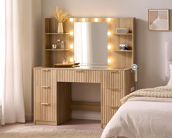 AMERLIFE 47.2" Fluted Vanity Desk with Mirror and Adjustable LED Lights, Large 7 Drawers Makeup T... | Amazon (US)