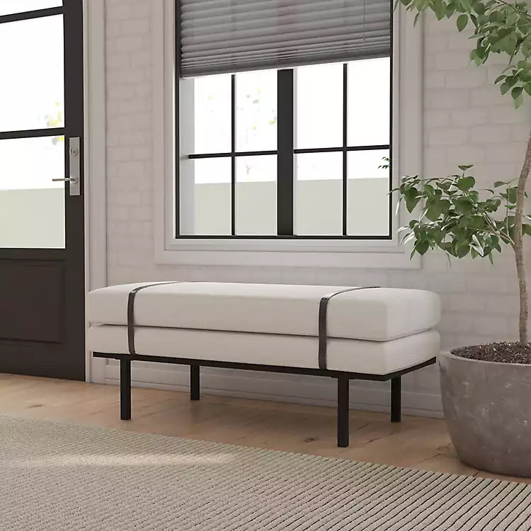 New! Cream Boucle Black Faux Leather Bench | Kirkland's Home