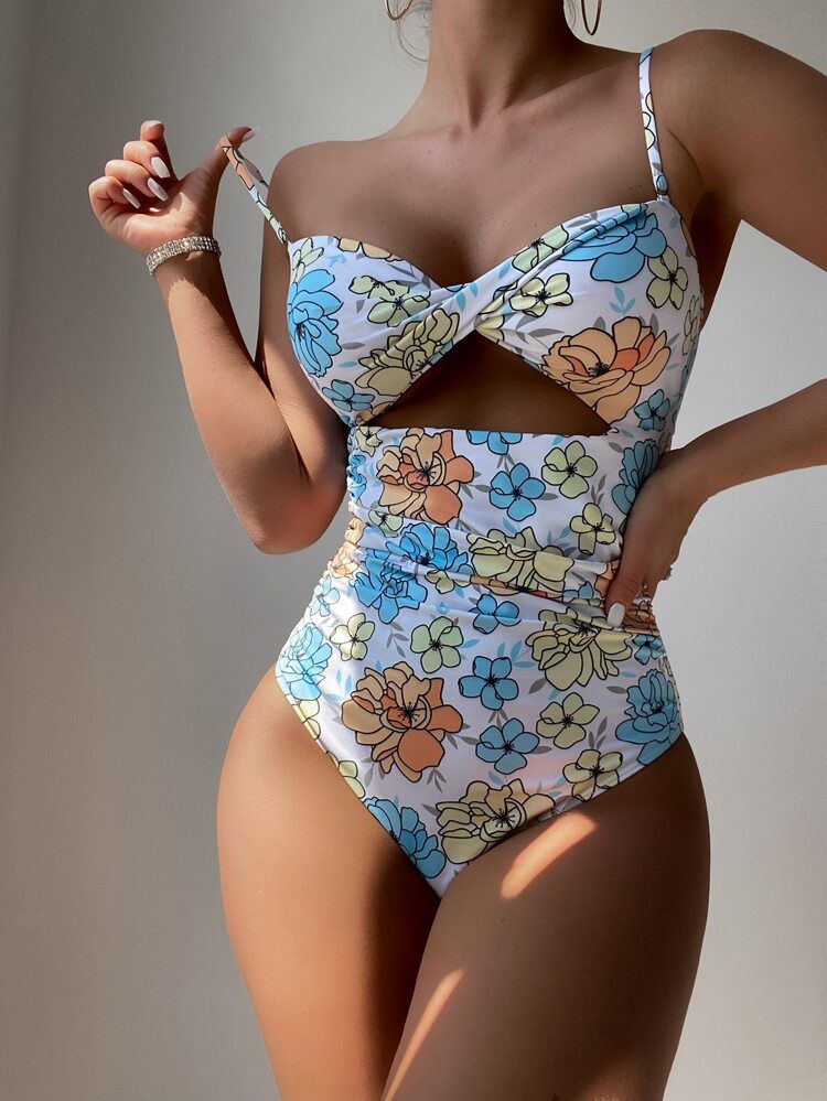 Floral Print Twist Cut Out Ruched Side One Piece Swimsuit | SHEIN