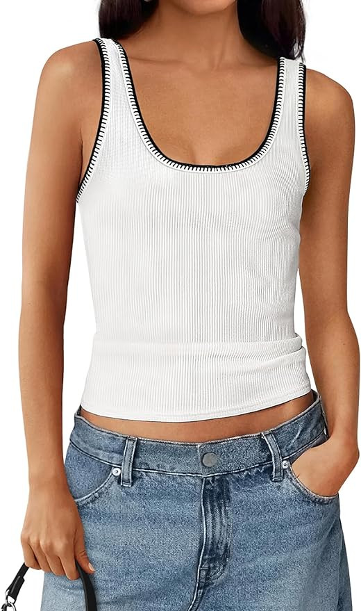BTFBM Sleeveless Tops for Women 2026 Summer Scoop Neck Tank Stitch Ribbed Knit Sweater Vest Casua... | Amazon (US)