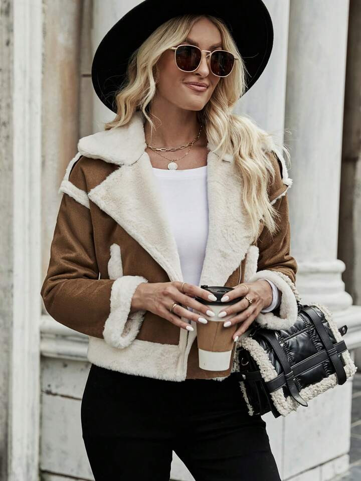 SHEIN Essnce Teddy Lined Drop Shoulder Jacket | SHEIN