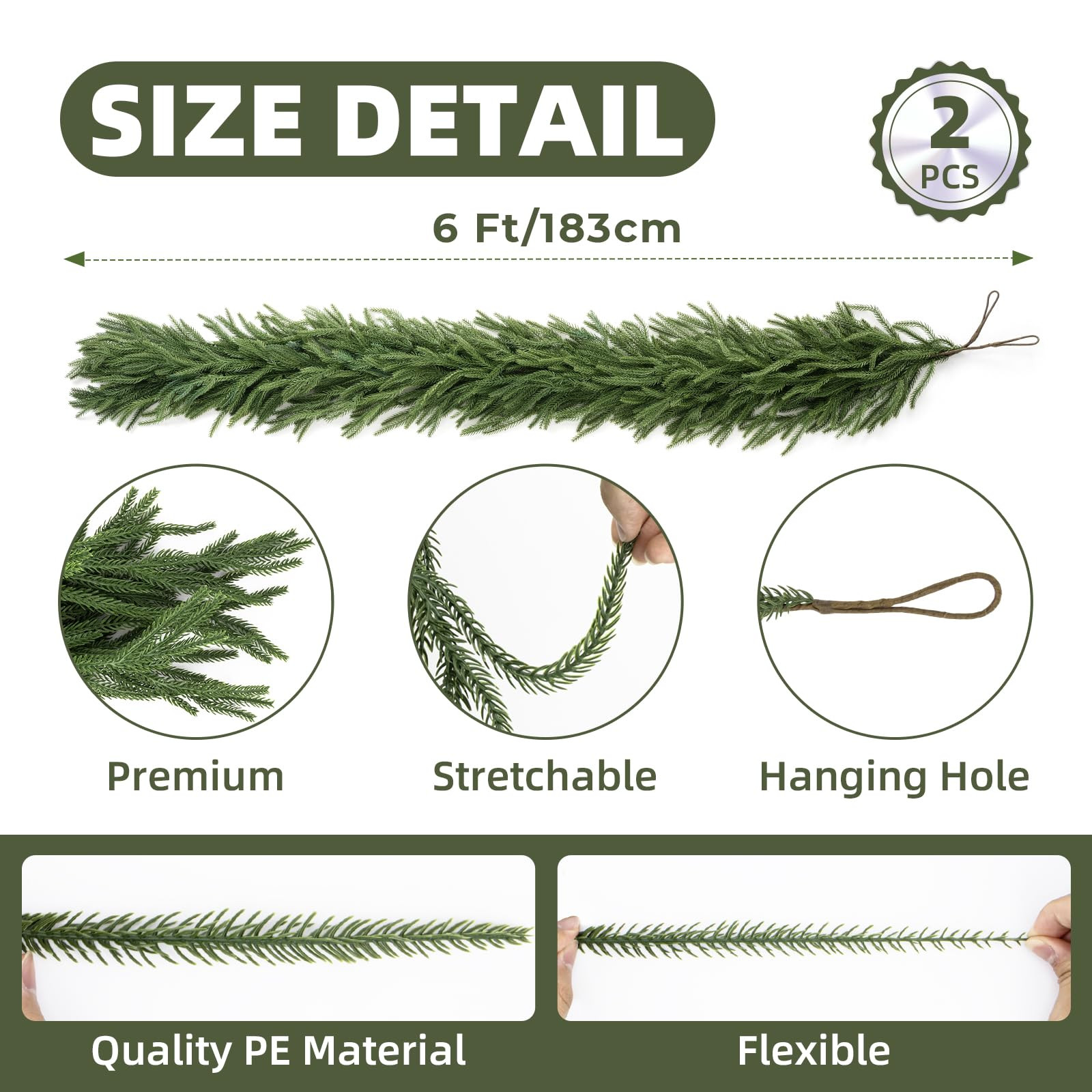 2Pcs 6FT Norfolk Pine Garlands Realistic, Real Touch Winter Xmas Garland, Christmas Decorations I... | Amazon (US)