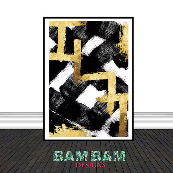 Black with Gold Foil Abstract Striped Artwork, Wall Art, Living Room Decor, Modern Poster Art, Di... | Etsy (US)