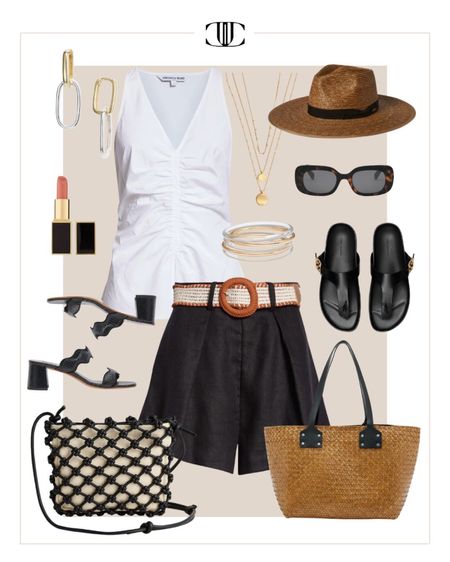 Mixing different shades of brown and black is an easy way to look classy and chic.

Cotton top, sleeveless top, linen shorts, black shorts, belted shorts, sandals, block heels, sun hat, sunglasses, summer outfit, casual outfit, summer look