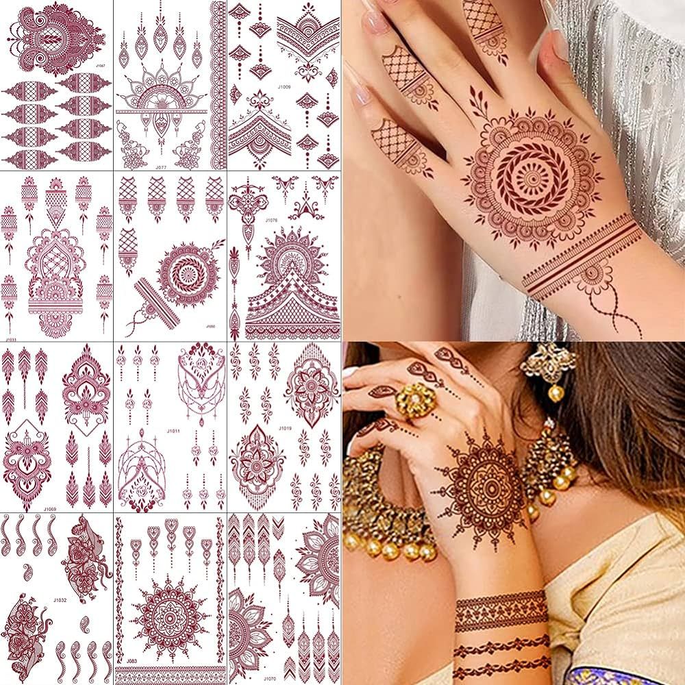 Xmasir 12 Sheets Brown Henna Tattoo Kit, Waterproof Henna Tattoo Stickers for Women Wedding Party... | Amazon (US)