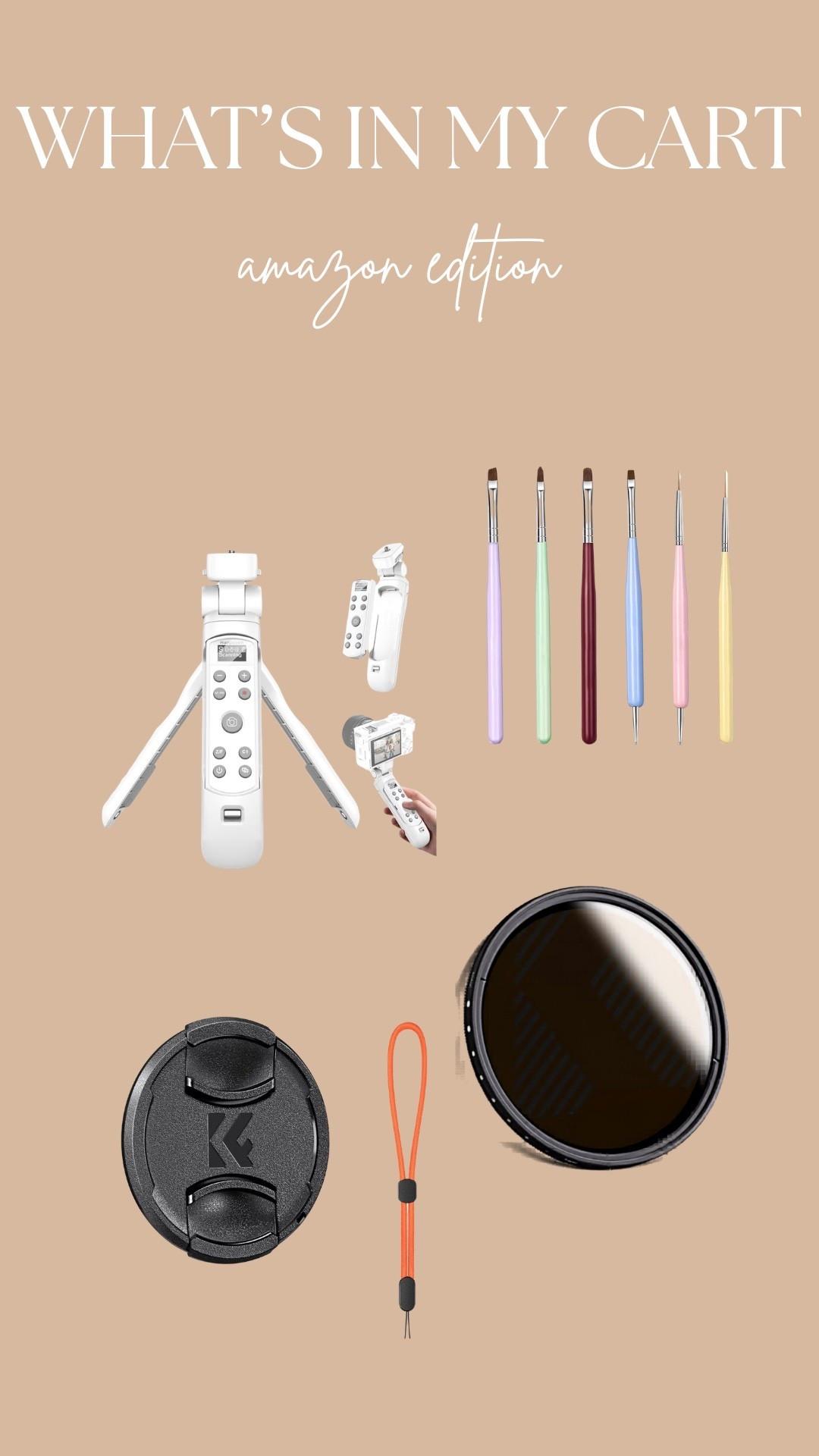 what’s in my cart amazon edition! I just got a sony zve-10 so i picked up a remote tripod, nd filter & a new lens cap to fit over the nd filter. 

i’ve also been doing my own gel x at home and want to try a design in my next set, so picked up some detail brushes! 

#LTKBeauty