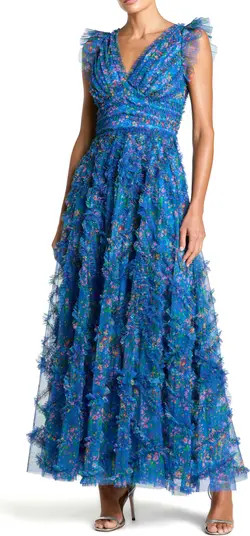 Mac Duggal Floral V-Neck Ruffle Tiered Maxi Dress with Flutter Sleeves | Nordstrom | Nordstrom