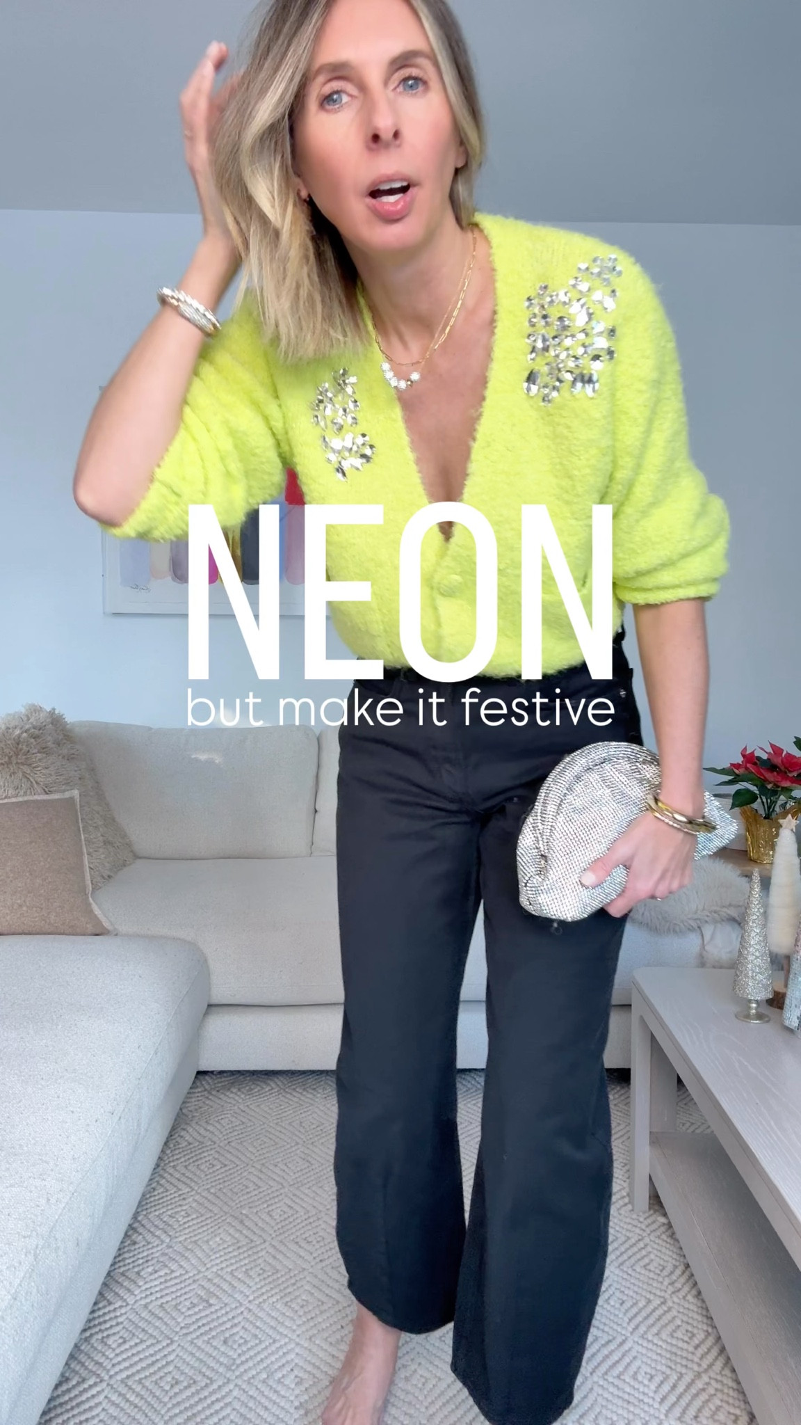 obsessed in an understatement! the color. the embellishing. the soft snug vibes.  ⚡️ 

love finding special, unique pieces like this. and yes, you can wear neon over the holidays! oh annnnnd, first world problems with the hair! 🫠

cardigan - wearing the medium 
jeans - favorite barrel of all time. wearing size 4
heels - an old zara pair. found an insane amazon dupe but you need to size UP. 
purse - got it last year, but i’m pretty sure it’s been restocked! 

holiday outfit. color for the holidays. effortless style. neon cardigan. holiday style. 

#LTKootd #LTKgrwm #LTKHoliday