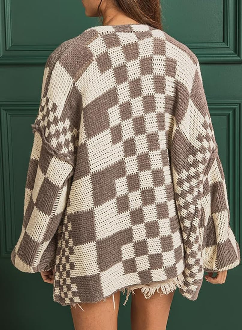 SELINK Women's Cardigan Sweater Vintage Open Front Mixed Checkered Pattern Chunky Knit Plaid Long... | Amazon (US)