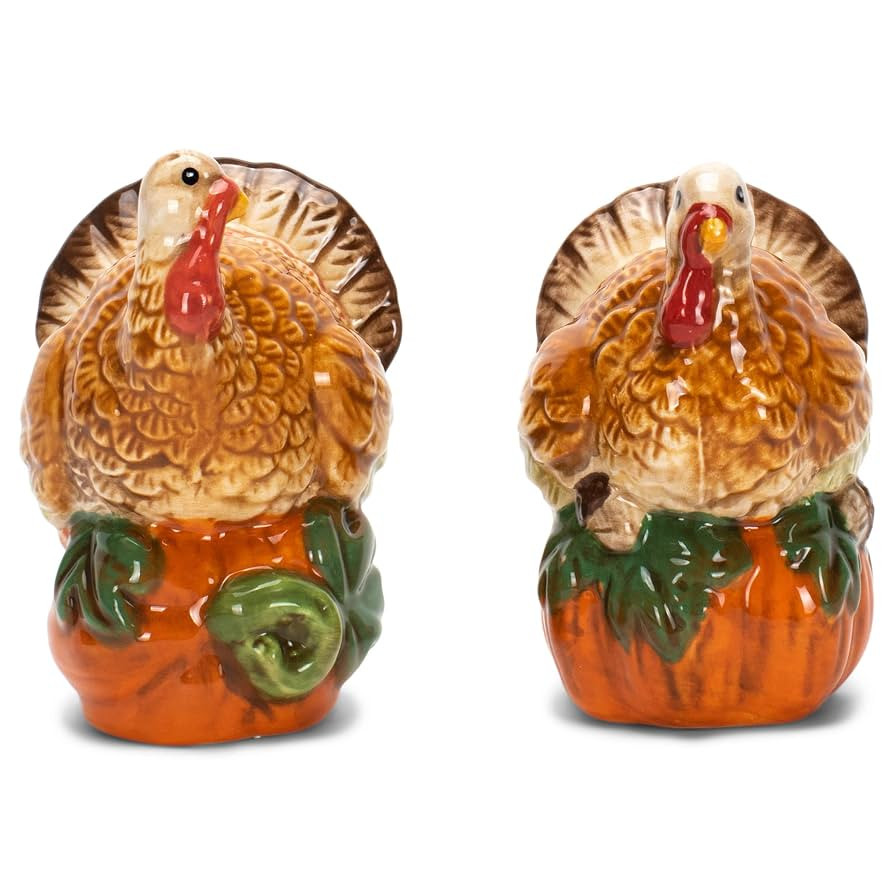 Nat & Jules Turkey atop a Pumpkin 3 x 2 Inch Ceramic Salt and Pepper Shakers: Perfect for Thanksg... | Amazon (US)