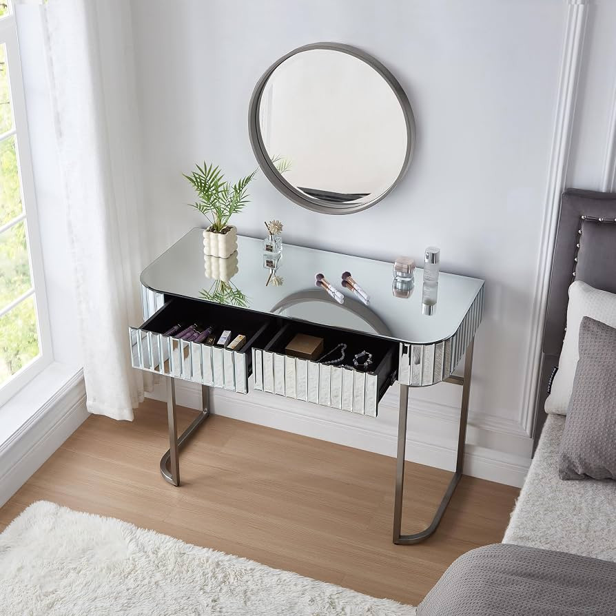 Merax 39" Mirrored Make Up Vanity Desk with Stainless Steel Base, Makeup Dresser Table with 2 Dra... | Amazon (US)
