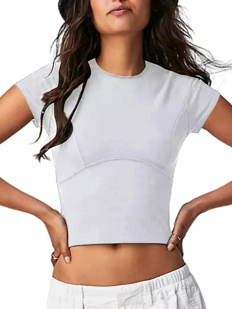 Women Short Sleeve Shirts Crewneck Slim Fitted Cute T Shirt Stretchy 2024 Summer Vintage Basic Te... | Amazon (US)