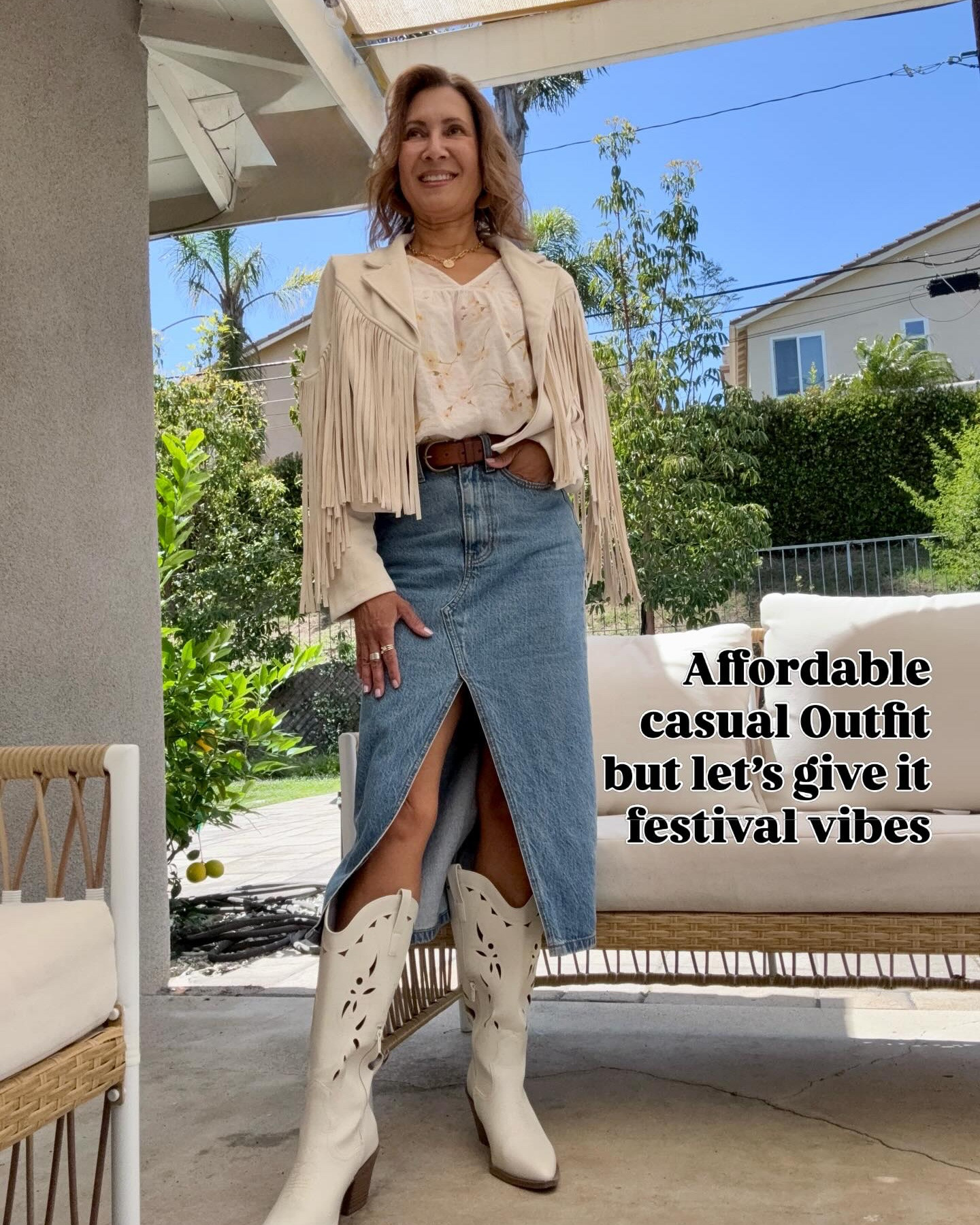 Maybe you don’t always need to buy something new, you just need a bit of inspo to style great pieces you already have in your closet. I’m linking a high-quality and affordable option for you from Quince because the denim skirt is a 2026 staple piece, and I shopped in my closet for this one. It’s such a great alternative to jeans!  Pulled it together today with a floral blouse (also from my closet), + two affordable pieces:
1️⃣ a jacket with all the fringe 
2️⃣ a comfy pair of boots
This would be a fun look in a casual office environment too.

#LTKootd #LTKOver40 #LTKWorkwear