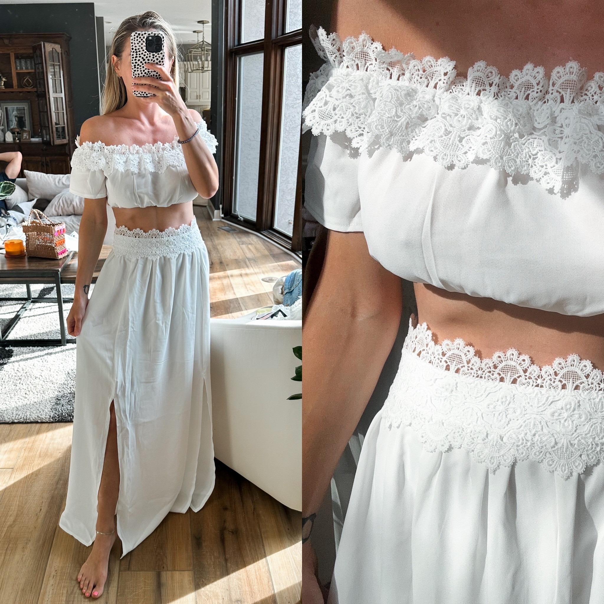 $21 set! Shein find. White Boho style Two piece skirt set dress - Solid Lace Trim Off Shoulder Crop Top & Split Thigh maxi skirt. Wearing size small. Fits true to size. Perfect for brides, bridal shower, wedding, & bachelorette! 

#LTKunder50 #LTKstyletip #LTKwedding