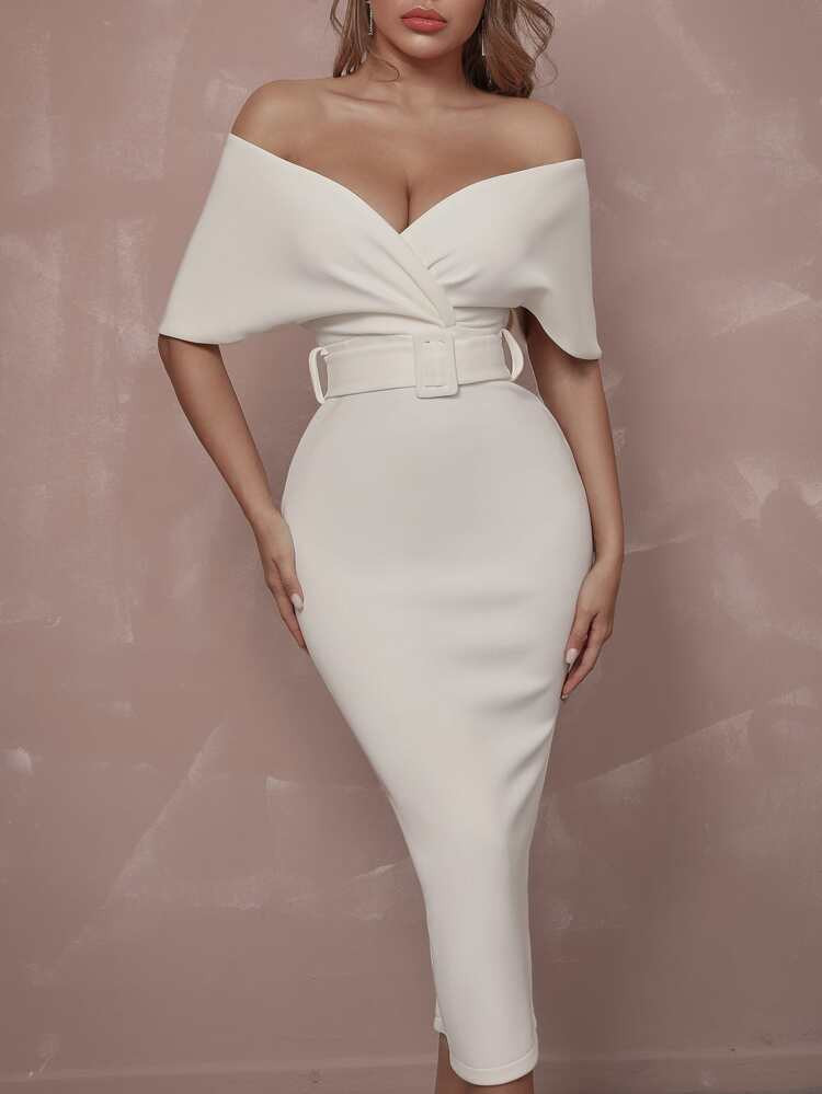 ADYCE Surplice Neck Off Shoulder Backless Front Buckle Belted Cocktail Party Dress | SHEIN