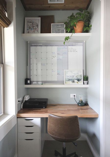 This home office nook may be small, but it’s so functional! The huge whiteboard wall calendar keeps daily tasks and reminders  organized and visible. 
#homeoffice 

#LTKhome