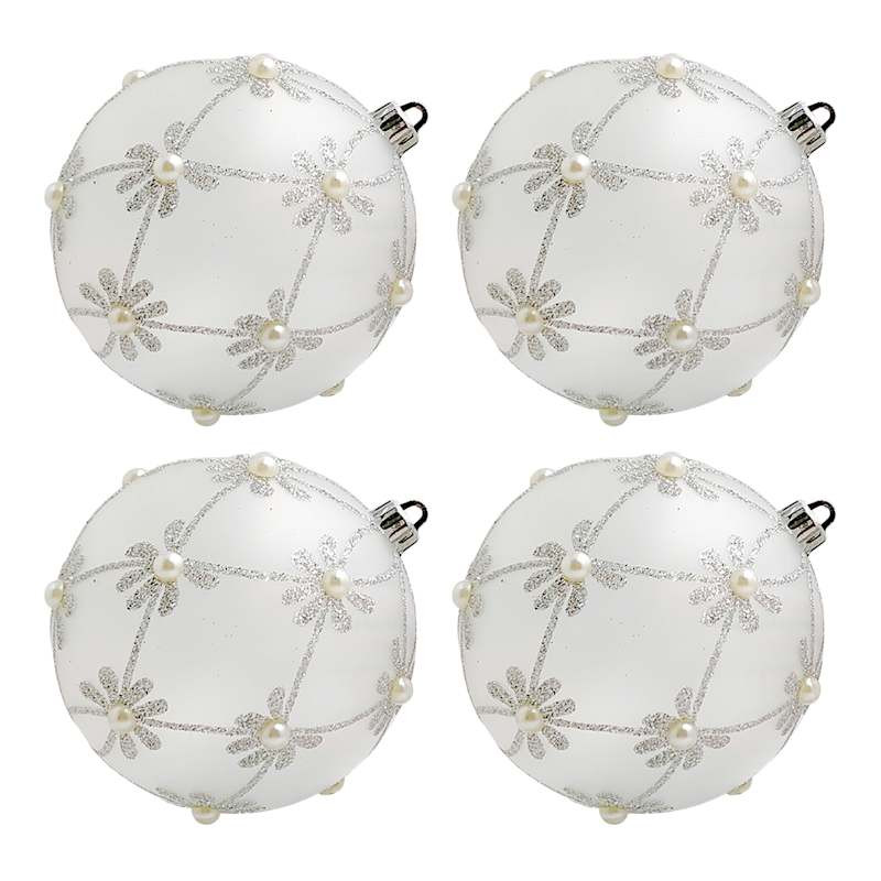 4-Count Frosted Silver Beaded Ornaments, 3.9" | At Home