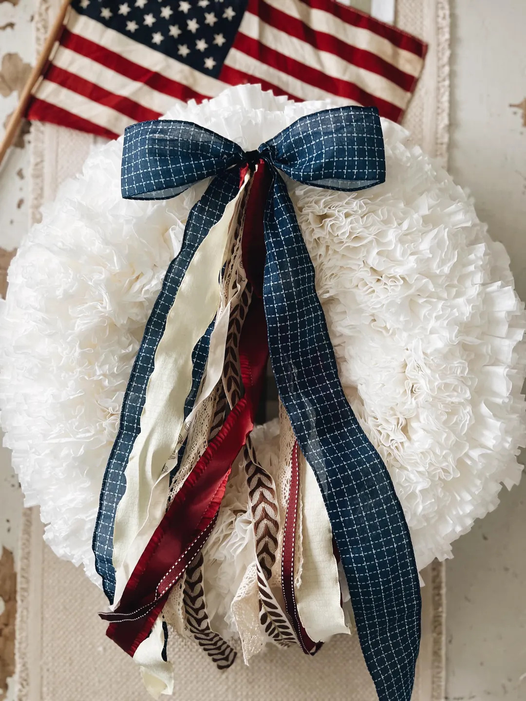 Handmade Patriotic Coffee Filter Wreath -blue Gingham Bow & Red White Blue Ribbon Tails - 4th of ... | Etsy (US)