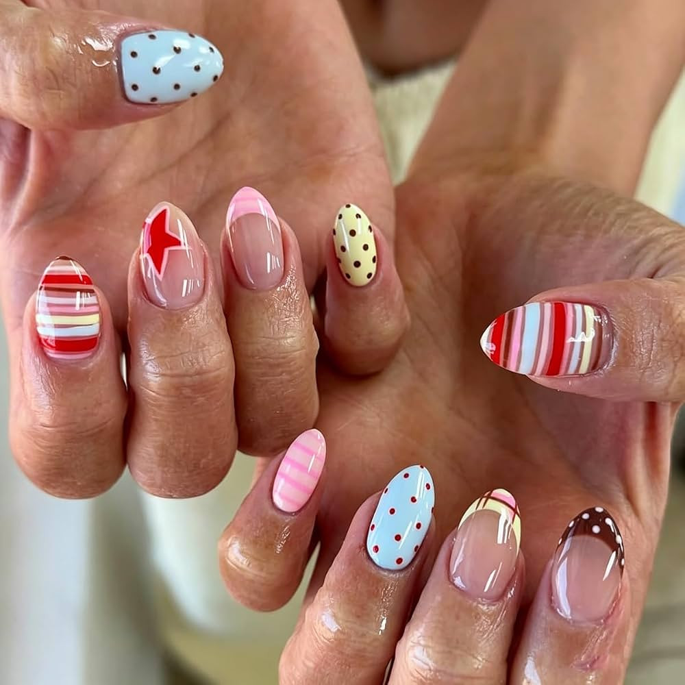 Medium Almond Press on Nails Polka Dot Fake Nails Colorful Nails Press ons with Stripe & Star Pri... | Amazon (US)