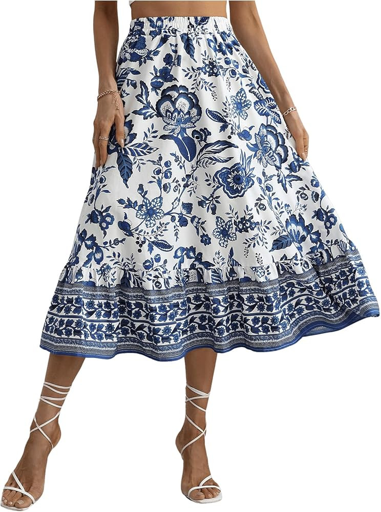 Milumia Women's 2024 Boho Floral High Waist A Line Midi Skirt Ruffle Long Skirt | Amazon (US)