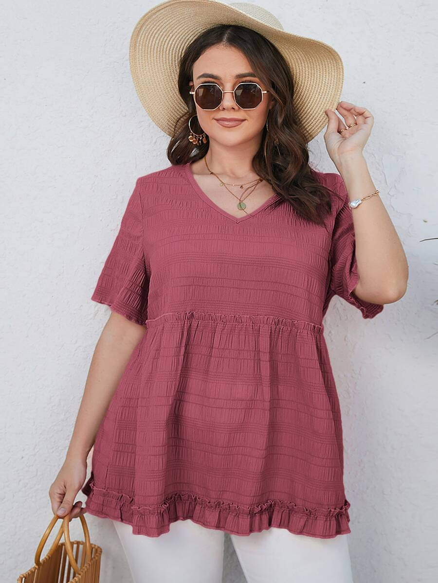 Plus Textured Frill Trim Peplum Blouse | SHEIN