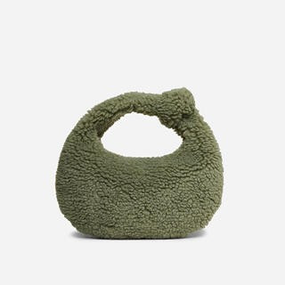 Vega Knotted Strap Grab Bag In Khaki Green Faux Fur | EGO Shoes (US & Canada)