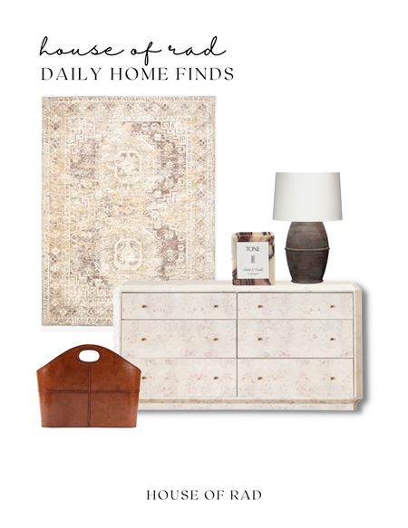 Daily Home Fnds
Area rug
Dresser
Table lamp
Leather basket
Candle
Studio McGee
Amber Interiors

#LTKhome