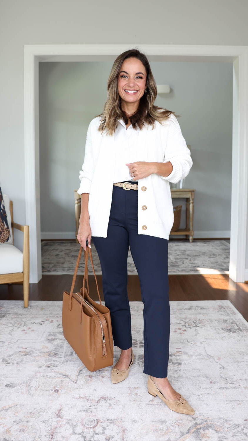 Three comfortable and casual outfit ideas for work from @Quince all petite-friendly! #quincepartner 

I found two comfortable pairs of ponte pants from Quince that come in inseam options starting at 24” and 26”, perfect for petites. They’re great for work or casual outfits, here are three ideas styling them for a casual day at work. 

Ultra-Stretch Ponte Straight Leg Pants: XS Short (26” inseam) in Navy
Sofia European Leather Skinny Belt: XS in Mushroom
Organic Cotton Relaxed Oxford Shirt: XS in White
100% Organic Cotton Oversized Boyfriend Cardigan: XS in Ivory
Vivienne Work Tote: in Cognac

Adeline Shopper Tote: exact color not available
Women's Brushed Cashmere Tee: XS 
Draped Matte Cowl Neck Tank: XS in Coffee Bean Brown
Daphne European Leather Multi Keeper Belt: XS in Espresso
Ultra-Stretch Ponte Cropped Wide Leg Pants: 0 Short (24” inseam, 11” rise) in Espresso and Navy