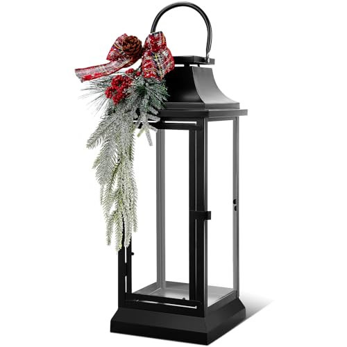 Nuogo 24Inch Large Metal Christmas Candle Lanterns with Glass Panels and Red Decorative Ribbon Black Hanging Vintage Lantern for Table Porch Home Party Decor Gift Indoor Outdoor, Candle Not Includes | Amazon (US)