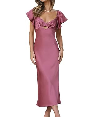 Summer Satin Flutter Sleeve Wedding Guest Dresses for Women Sweetheart Neckline Cutout Tie Back M... | Amazon (US)