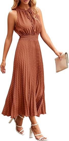 PRETTYGARDEN Women's Midi Summer Dresses Casual V Neck Swiss Dot Ruffle Sleeveless A Line Beach S... | Amazon (US)