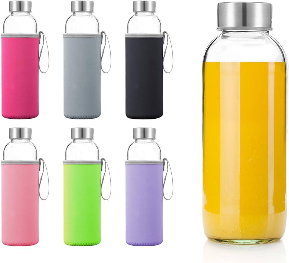 Glass Water Bottles 6 Pack With Sleeves and Stainless Steel Lids - 18oz Size - Leak Proof Caps, R... | Amazon (US)